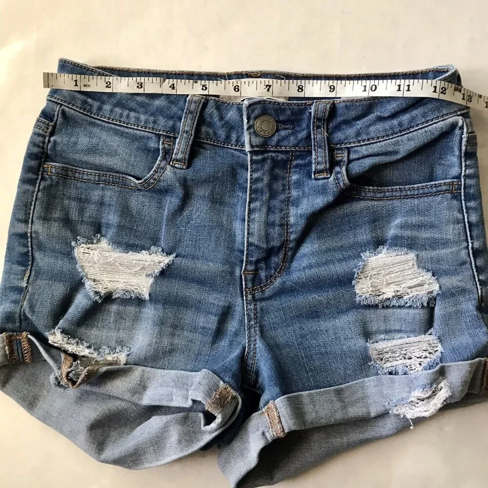 Women's PacSun‎ Distressed Super Stretch Shortie Denim Blue Jean Shorts Size 24
